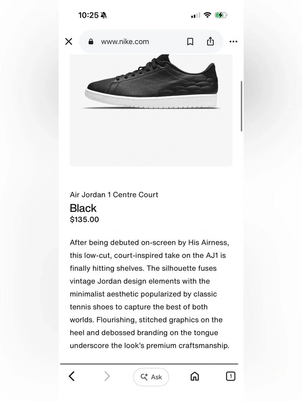 Air Jordan 1 Centre Court Cyber Monday Black & White Size 9.5 Mens
